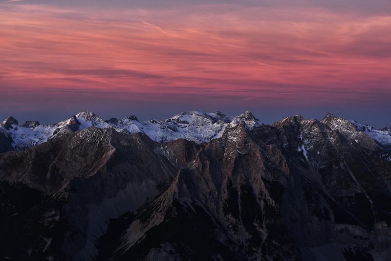 landscape, mountains, sky, sunset, snowy peak, clouds, red sky