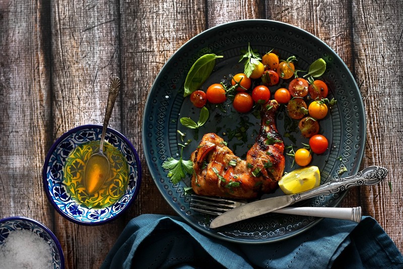 meat, food, tomatoes, roasted chicken, top view