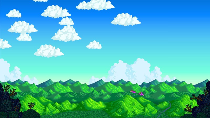 pixel art, pixelated, pixels, digital art, Stardew Valley, clouds, mountains, forest, flamingos, landscape