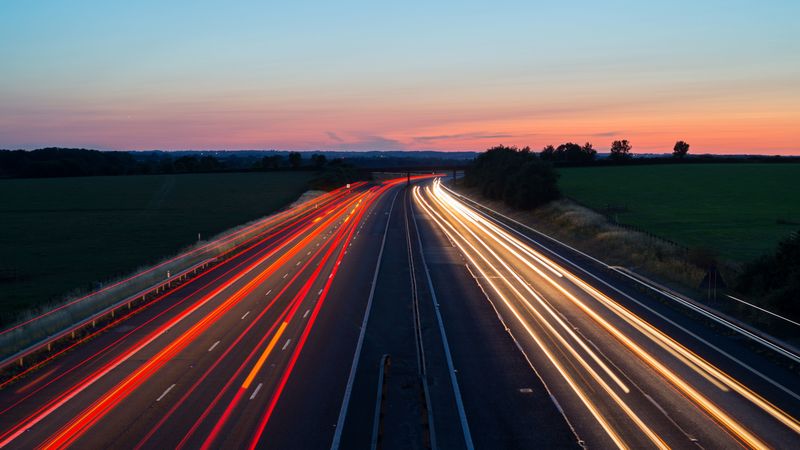 road, long exposure, turn, sunset, twilight, 4k