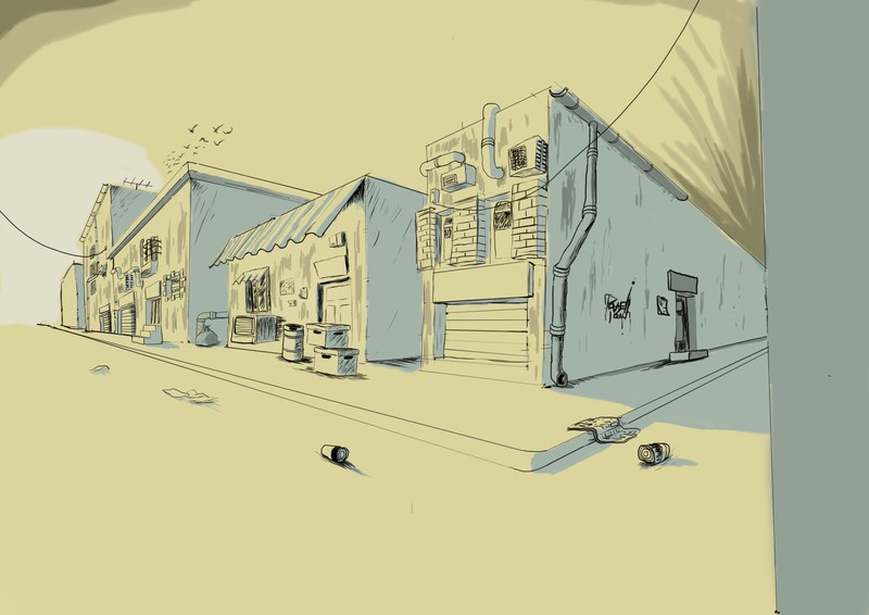 dystopian, town, abandoned, drawing