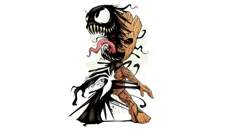 artwork, digital art, simple background, Groot, Venom, white background, crossover, tongue out, fangs, Baby Groot, Marvel Comics, Symbiote
