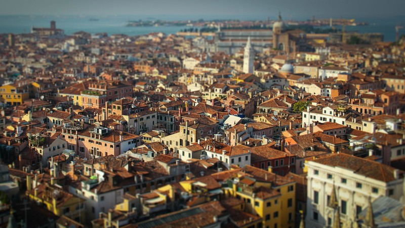 cityscape, rooftops, tilt shift, Venice, Italy, old building, miniature effect