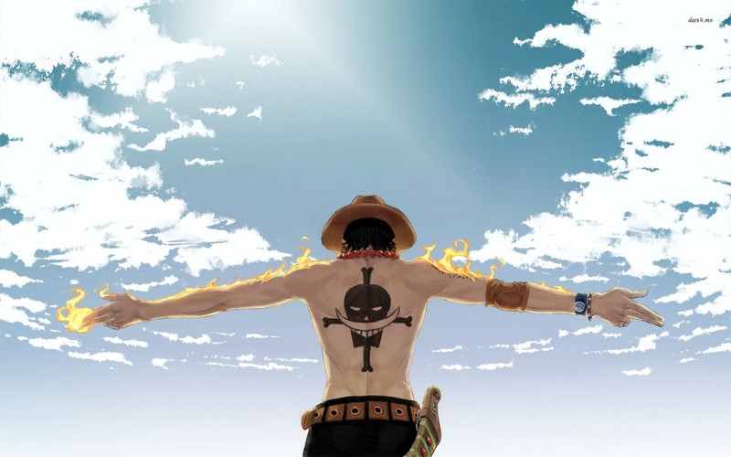 low-angle, One Piece, rear view, sky, fire, clouds