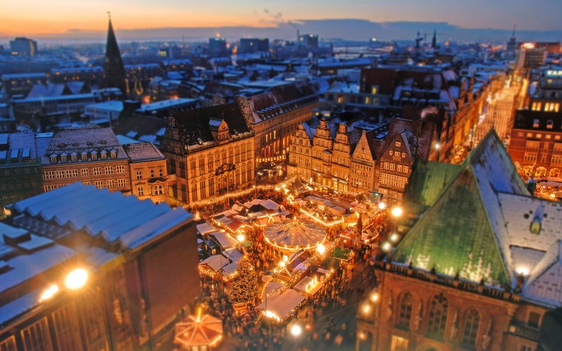 cityscape, tilt shift, rooftops, winter, Bremen, Germany
