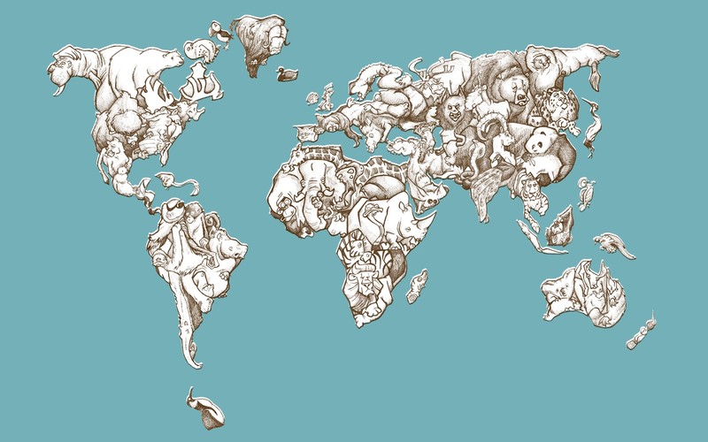world map, continents, animals, simple background