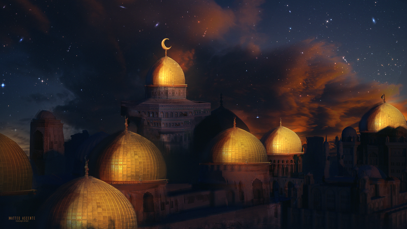 mosque, night sky, gold, stars