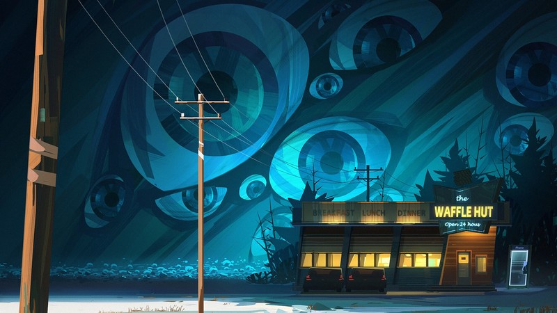 digital art, eyes, surreal, diner, night