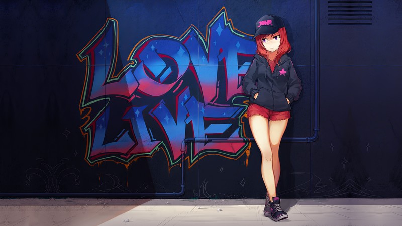 long hair, graffiti, shorts, anime