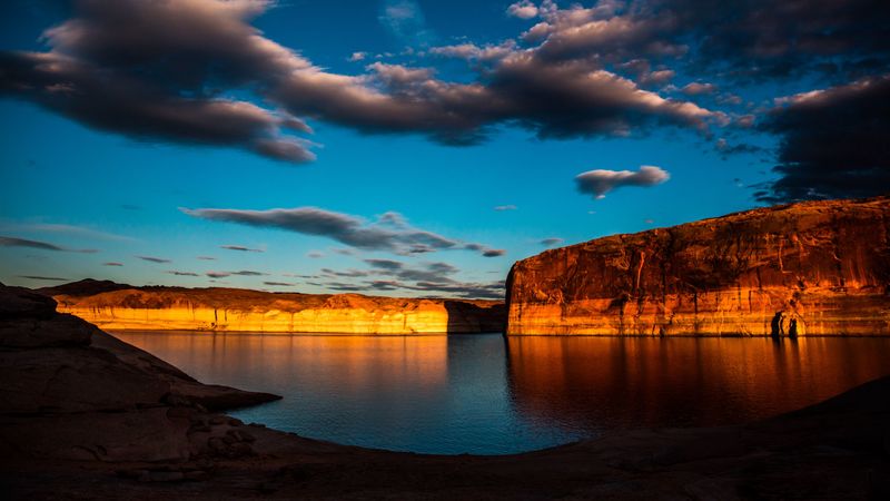 lake, rocks, canyon, flooded, clouds, 4k