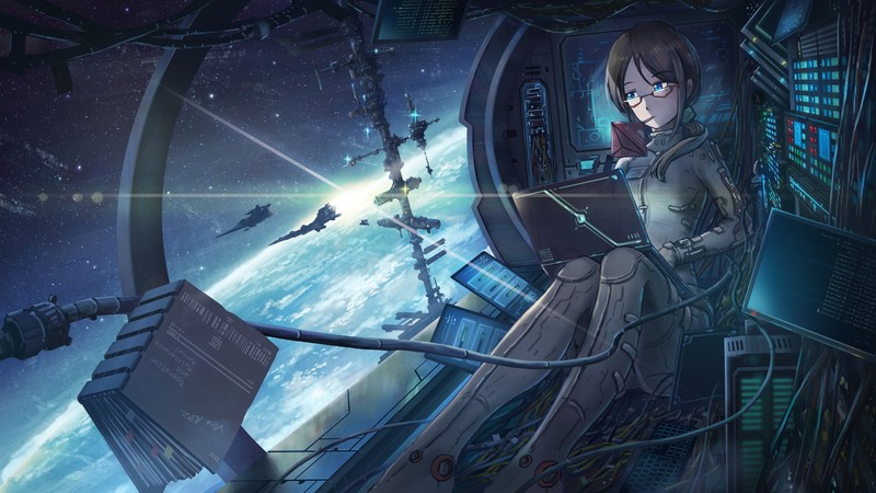anime girls, astronaut, space, Earth, space shuttle, anime