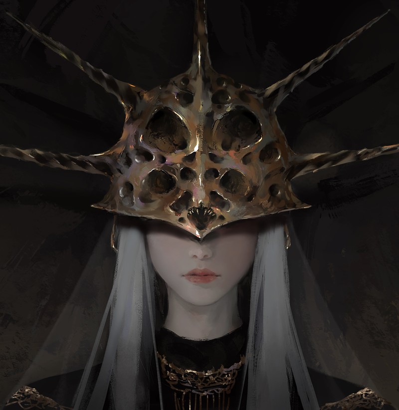 WLOP, helmet, white hair, spikes, frontal view, Dark Souls