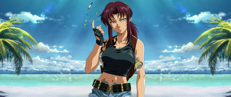 Black Lagoon, Revy, beach, women, cigarettes, pistol, tattoo, anime