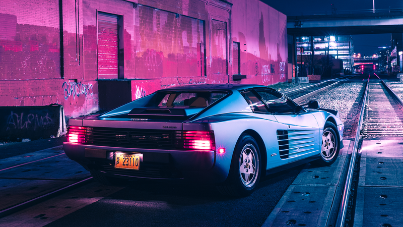 artwork, digital, car, railway, Retrowave, synthwave, concept art, city, Ferrari, Ferrari Testarossa, pop-up headlights, purple, 1980s