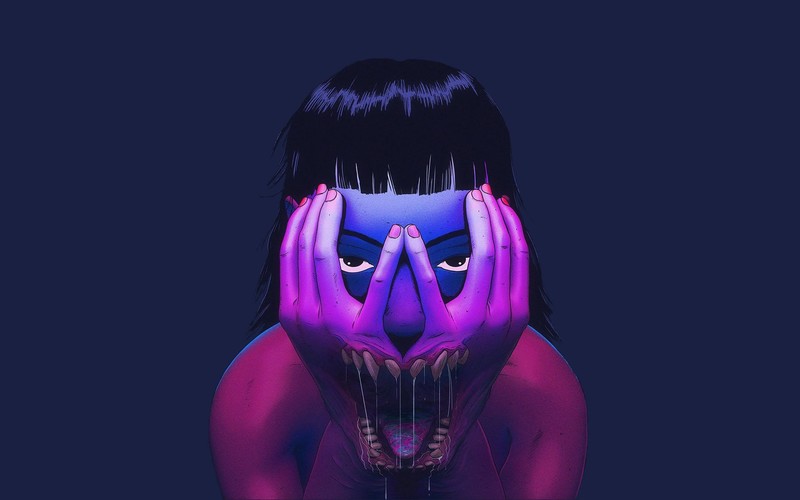 artwork, hand on face, Devil, concept art, simple background, frontal view, creepy, open mouth, saliva, looking at viewer, blue background