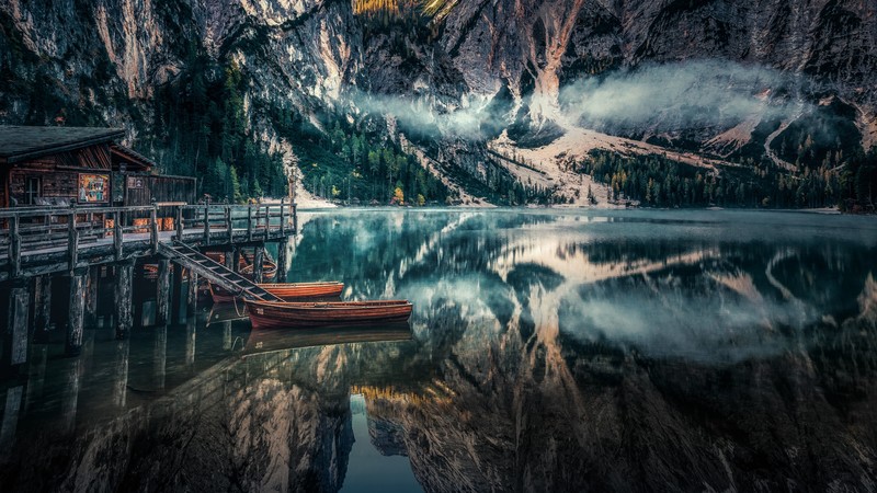 nature, landscape, mountains, rocks, boat, pier, lake, water, reflection, Sweden