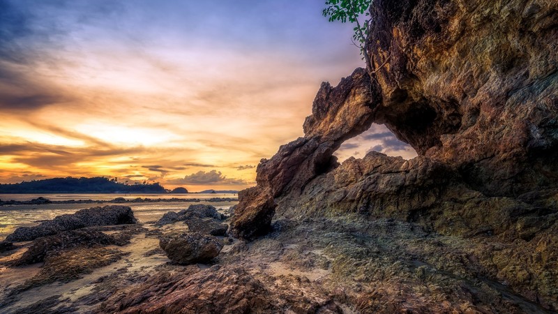 nature, landscape, rock, water, trees, sand, clouds, sky, sunrise, Thailand