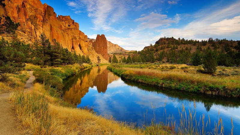 nature, landscape, mountains, rocks, grass, plants, river, clouds, sky, water, walkway, Oregon, USA