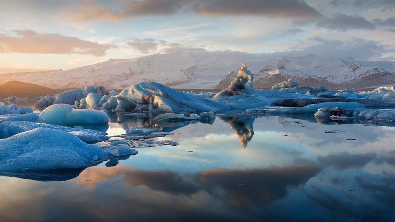 mountains, sky, nature, landscape, ice, lake, snowy mountain, clouds, sunrise, water, Iceland
