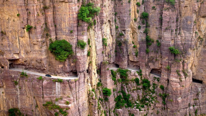 nature, landscape, mountains, rocks, trees, plants, Guoliang Tunnel, China