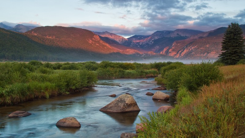nature, landscape, mountains, rocks, river, plants, clouds, sky, forest, mist, sunrise, Rocky Mountain National Park, Colorado, USA