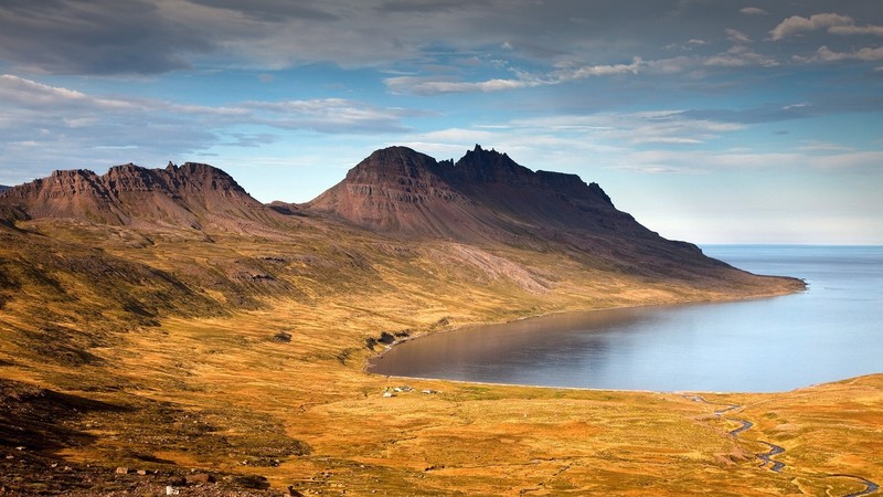 nature, landscape, sea, water, clouds, sky, far view, house, rocks, field, fjord, Iceland