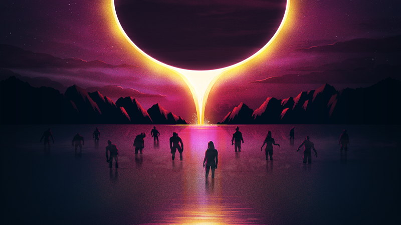artwork, digital, mountains, lake, clouds, zombies, Gunship