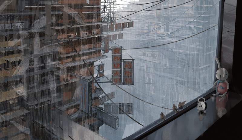 WLOP, building, stuffed animal, alarm clock, rain, power lines