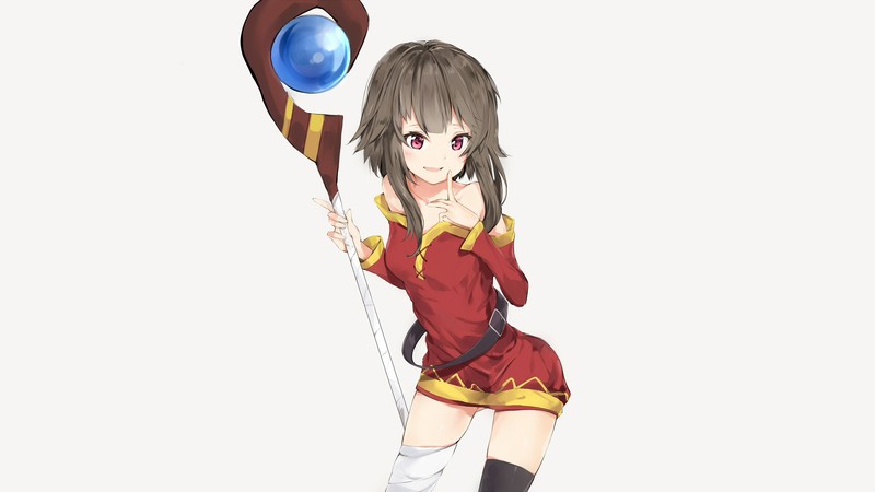 Megumin, Kono Subarashii Sekai ni Shukufuku wo!, red dress, staff, thigh-highs, anime, anime girls