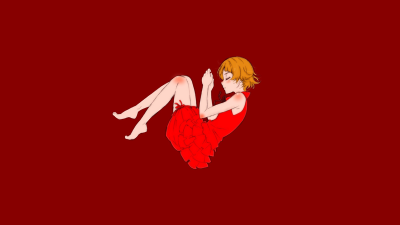 Oshino Shinobu, Monogatari Series, red dress, blonde, red background, simple background, sleeping, anime, anime girls