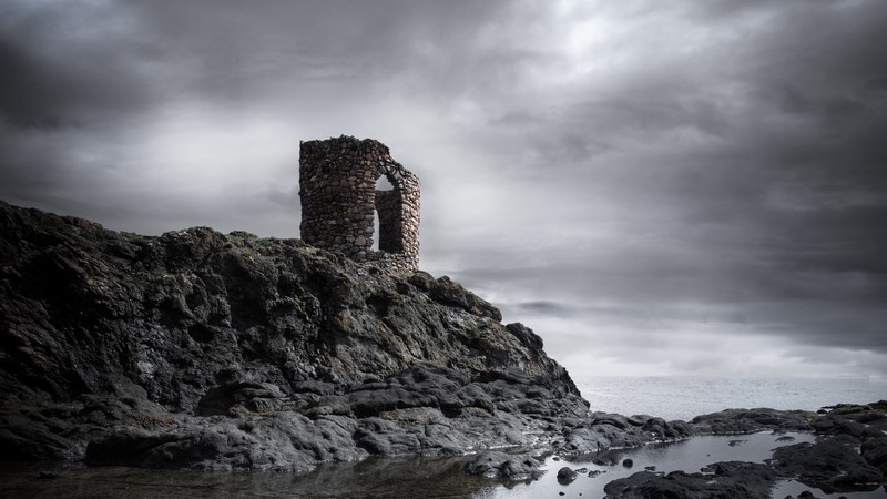 rocks, grey, Scotland, beach, sky, tower, ruin