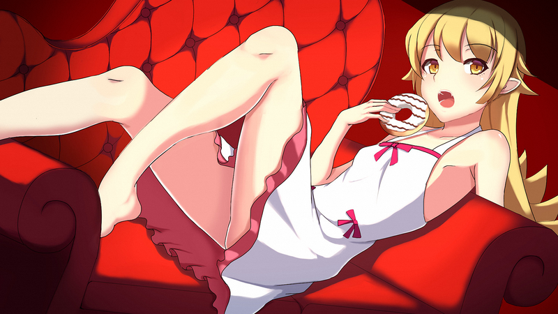 Oshino Shinobu, Monogatari Series, donuts, blonde, white dress, laying on couch, fangs, anime, anime girls