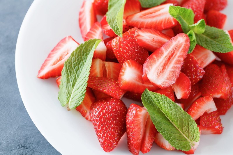 fruit, food, red, strawberries, mint leaves