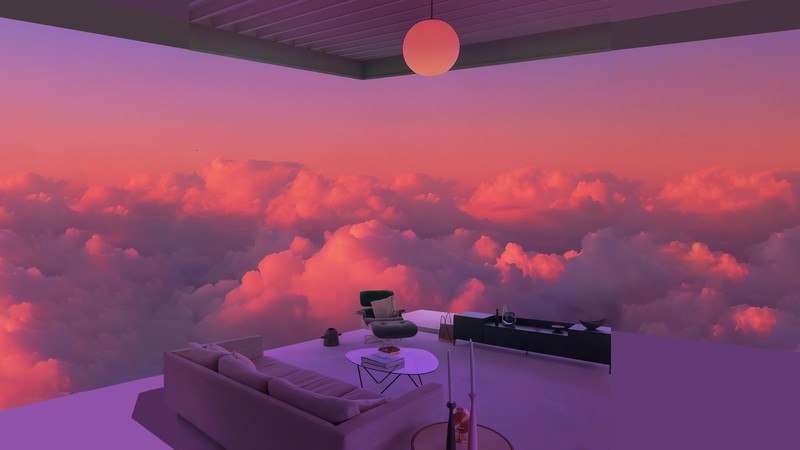 vaporwave, Indig0, sunset, digital art, clouds, room