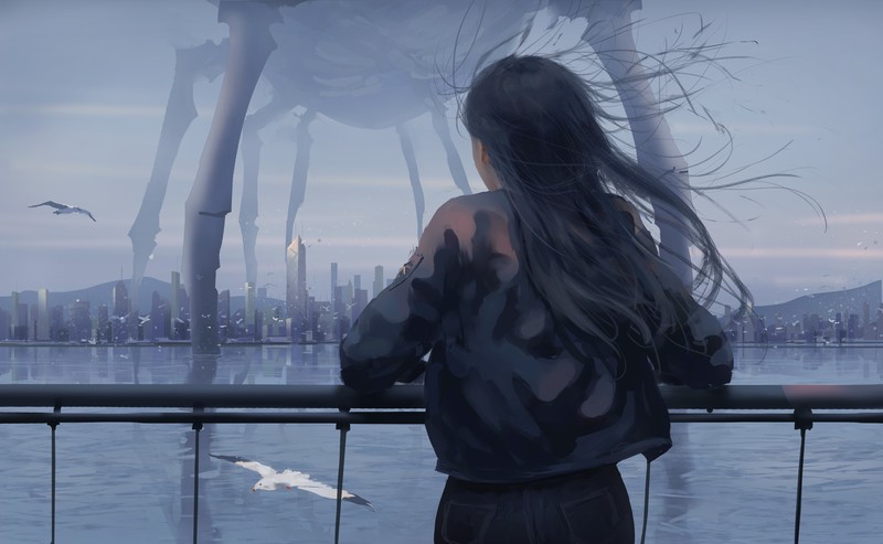 WLOP, cityscape, birds, titan