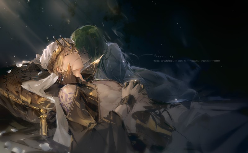 Fate Series, FGO, Fate/Grand Order, anime boys, long hair, short hair, blond hair, green hair, dead, kissing, 2D, biceps, abs, Gilgamesh, Enkidu (FGO), closed eyes, fan art, tattoo, crown