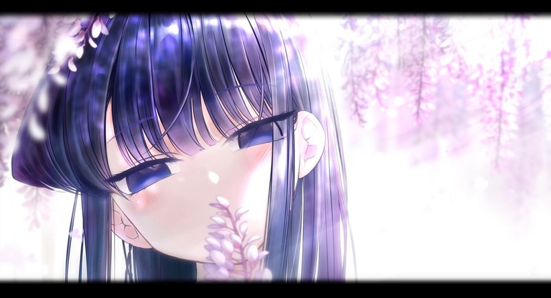 Komi-san wa, Comyushou desu., anime girls, long hair, black hair, sakura (tree), spring, 2D, Komi Shouko, looking at viewer, blushing, black eyes, fan art