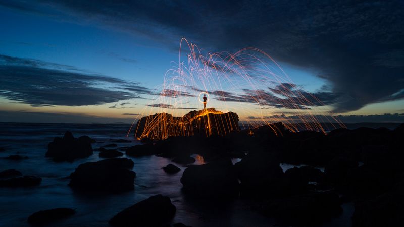rock, silhouette, light art, light, lines, 4k
