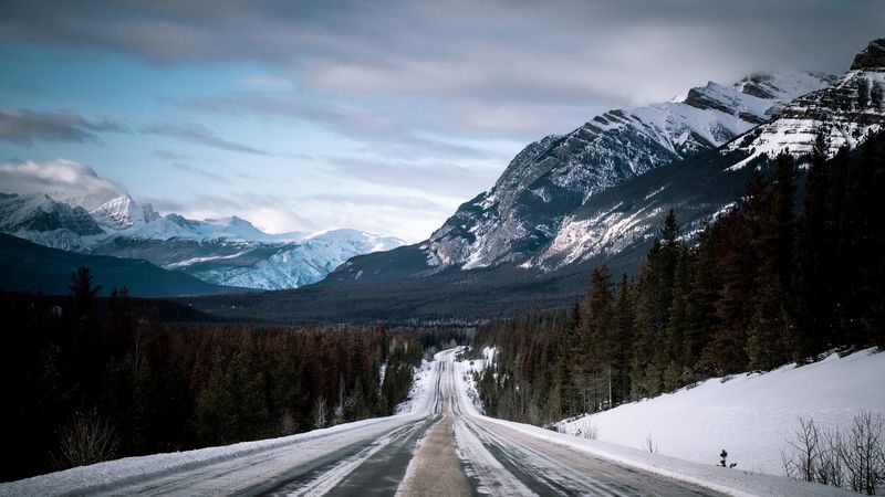 road, mountains, slope, snowy, 4k
