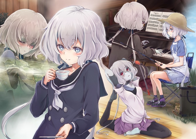 Zombieland Saga, anime girls, monster girl, thighs, short hair, grey hair, pantyhose, school uniform, JK, 2D, smiling, Zombie 4 / Junko Konno, fishing rod, fishing, washing, hot spring, piano, open mouth, blushing, embarrassed, closed eyes, red eyes, blue eyes, coffee, fan art