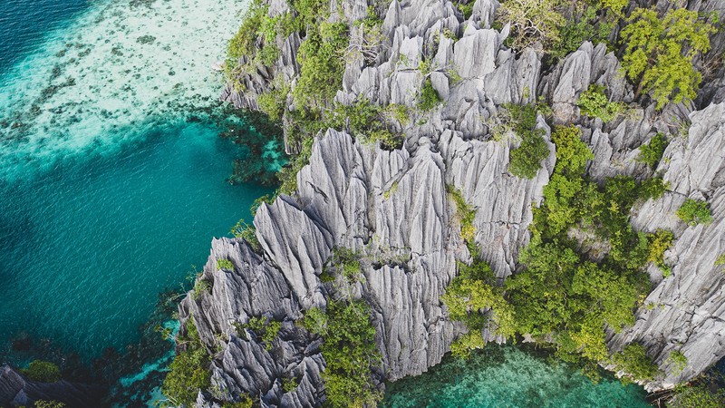 water, trees, Philippines, rock formation