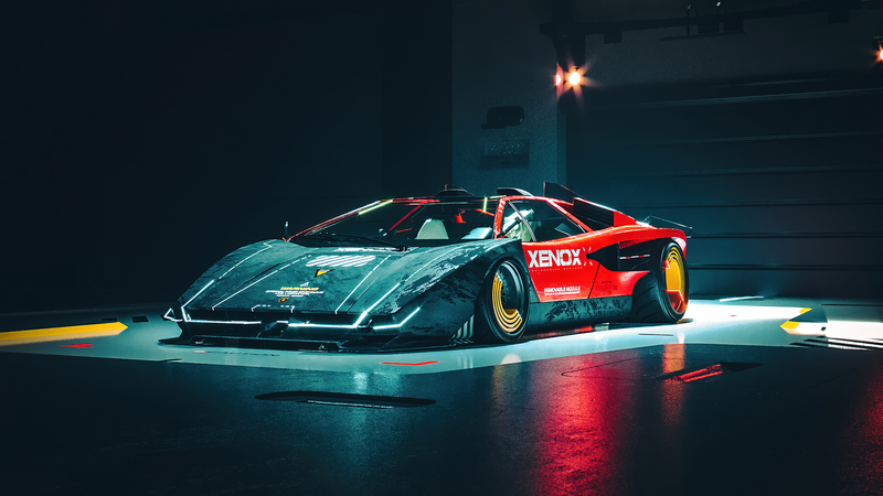 artwork, digital, car, hanger, lights, Super Car, Lamborghini, Italian Supercars, neon, Khyzyl Saleem, cyberpunk