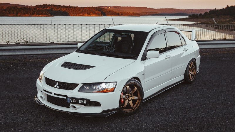 Mitsubishi Evolution, Mitsubishi, Japanese cars, JDM, sports car, white cars, car, vehicle, water, Mitsubishi Lancer EVO, trees, hills, barbed wire fence, outdoors