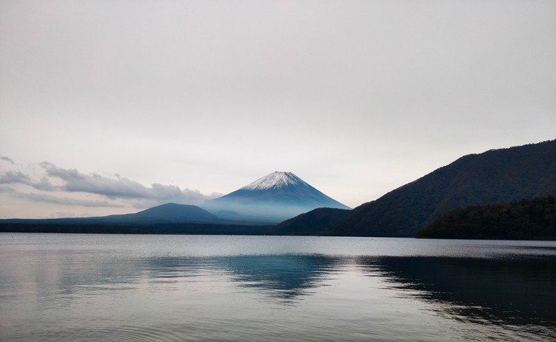 Mount Fuji, snowy peak, lake
