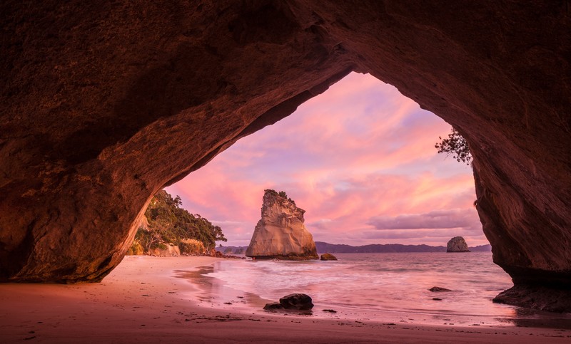 shore, cave, rocks, beach, New Zealand, Te Whanganui-A-Hei Marine Reserve, sky