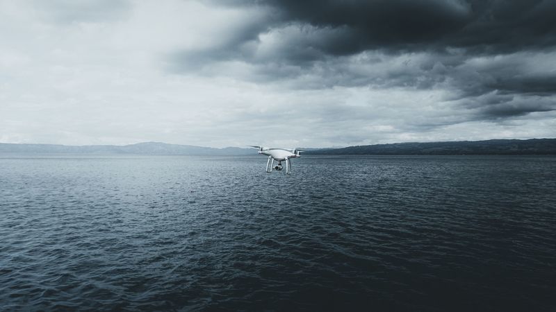 quadcopter, drone, quadrotor helicopter, quadrotor, sea, fog, clouds, 4k