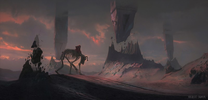 Thu Berchs, fantasy art, mountains, alien world, skeleton