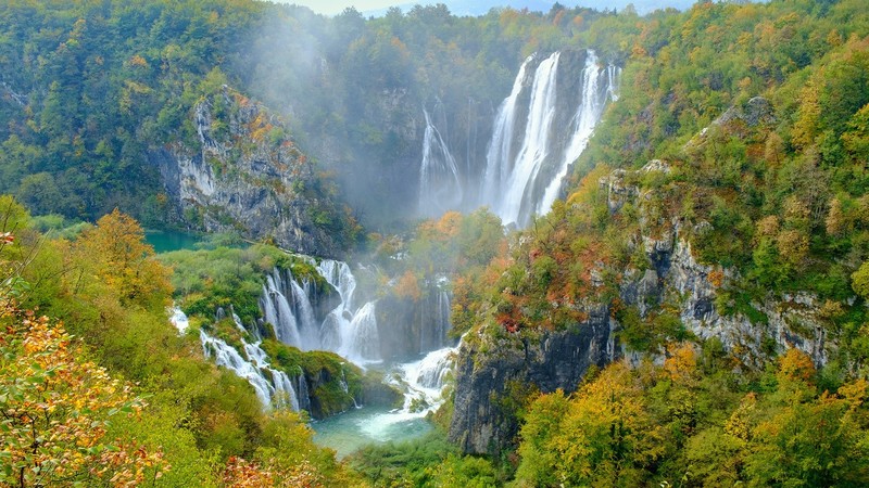 nature, landscape, trees, fall, waterfall, water, plants, forest, rocks, Plitvice National Park, Croatia