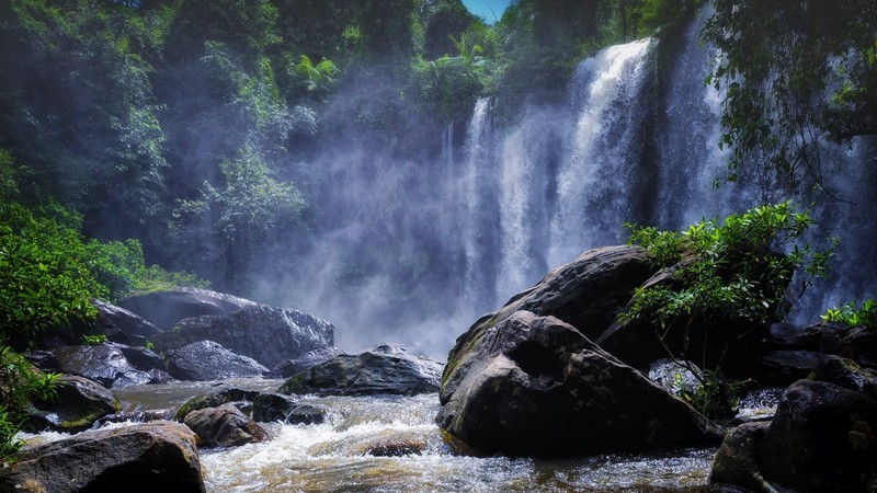 nature, landscape, trees, waterfall, rocks, plants, mist, tropical, Cambodia