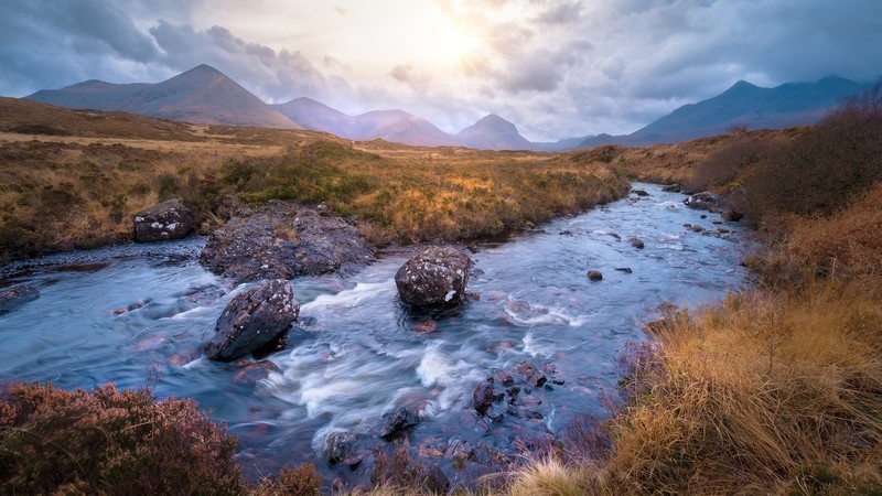nature, landscape, clouds, sky, mountains, grass, Sun, sun rays, rocks, plants, spring, Scotland, UK